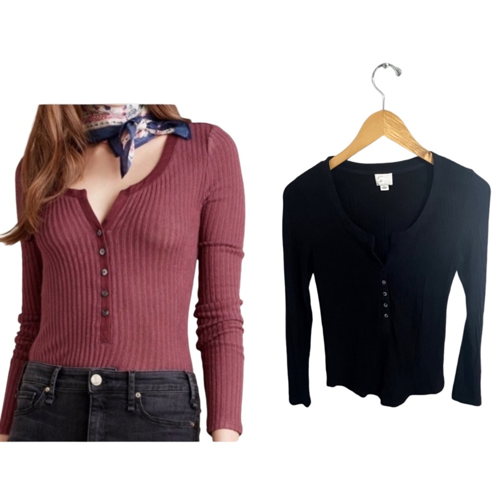 Anthropologie Postmark Black Ribbed Henley Long Sleeve